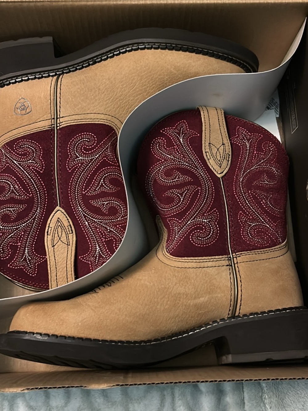 Women's Two-Tone Tan and Burgundy Embroidered Western Heeled Boots